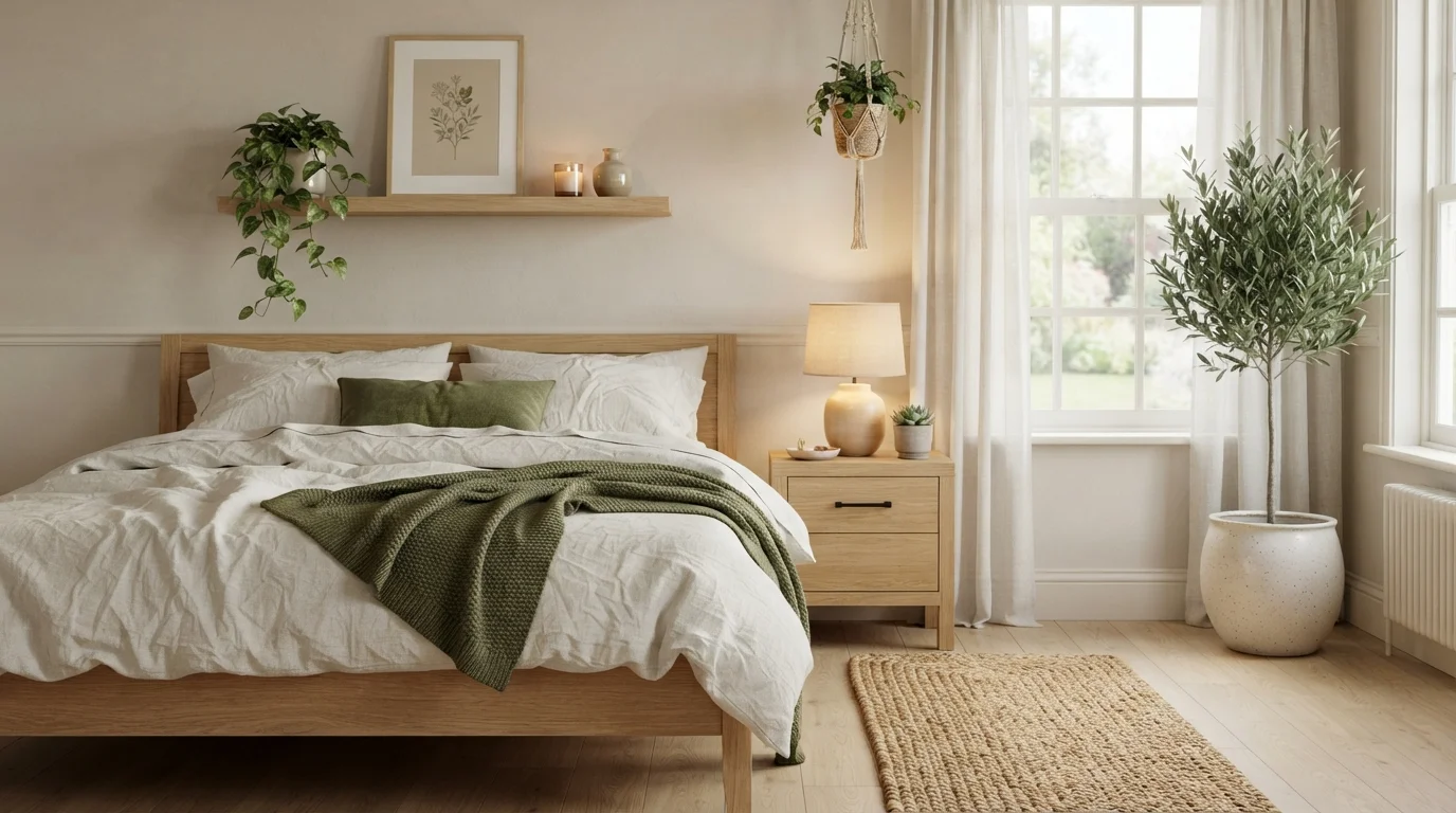 Earthy Plant Sanctuary — calming bedroom painted in Natural Linen