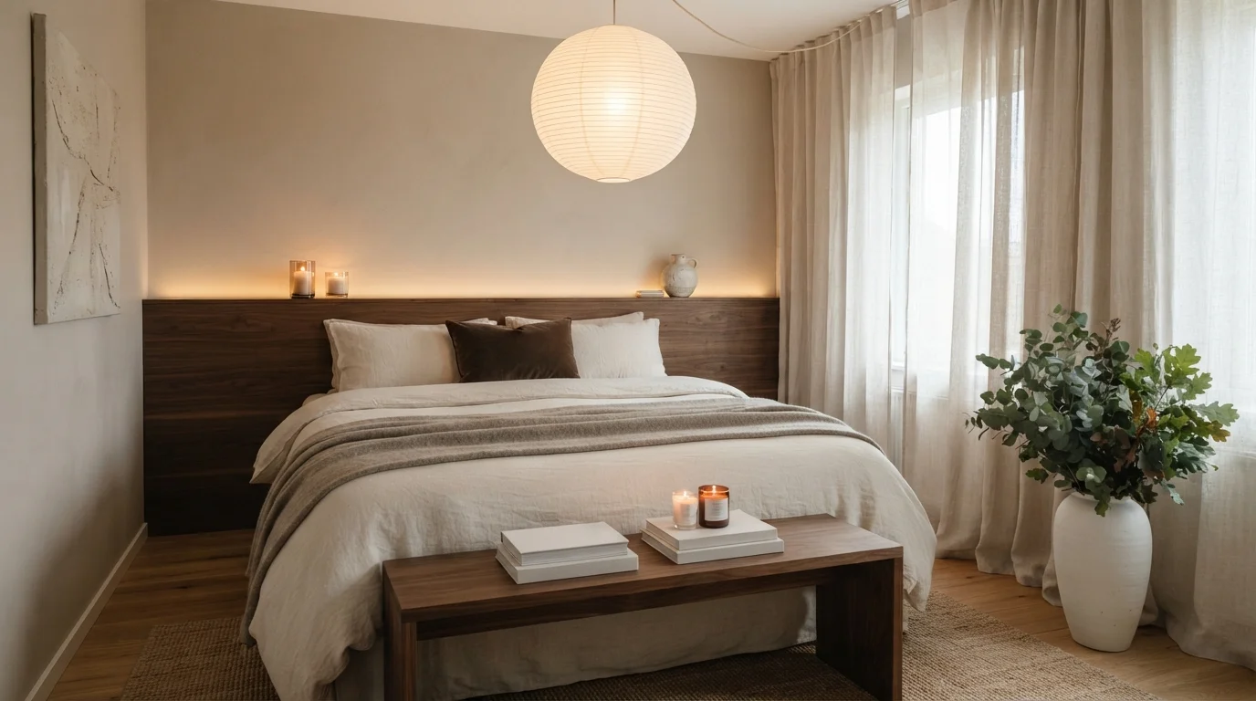 Linen and Warm Glow — calming bedroom painted in Balanced Beige
