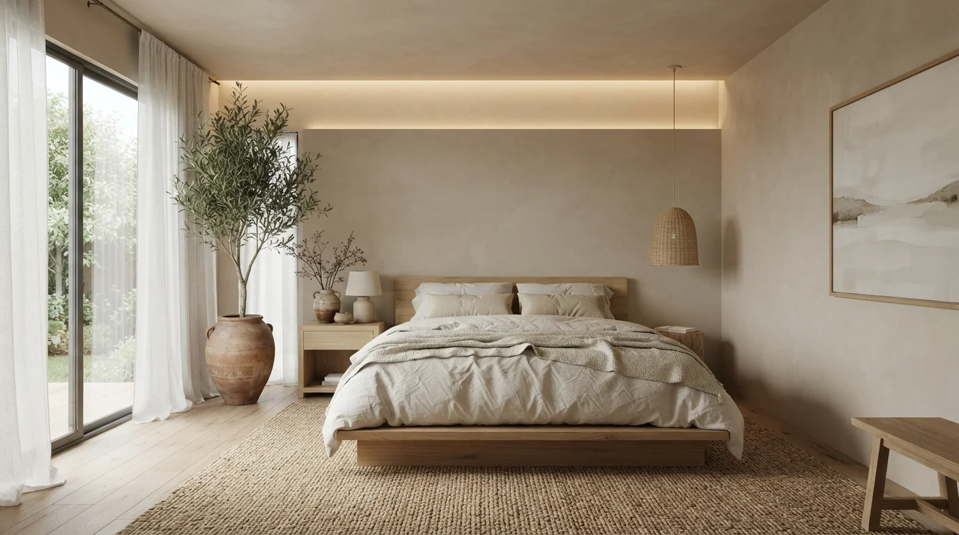 Warm Linen Sanctuary — calming bedroom painted in Sierra Hills