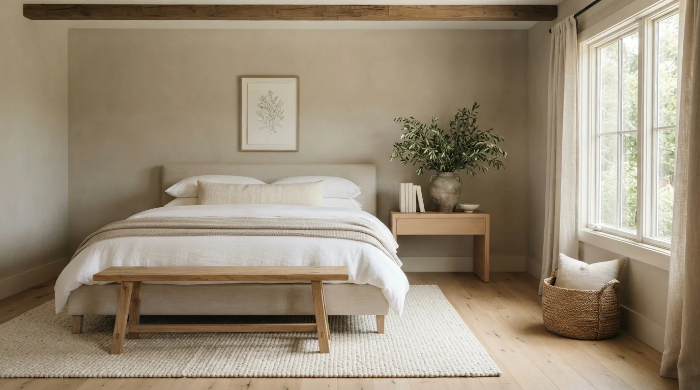 Warm Greige Sanctuary — calming bedroom painted in Rustic Oak