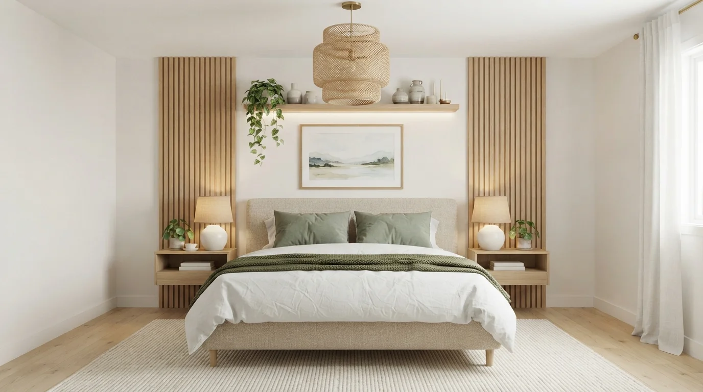 Earthy Japandi Haven — calming bedroom painted in Dove White