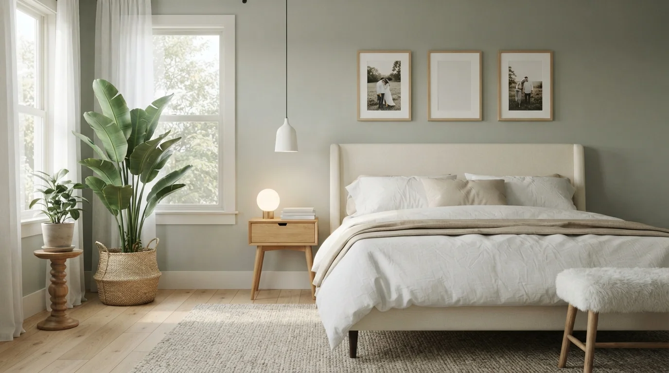 Serene Sage Bedroom — calming bedroom painted in Silver Green Vine