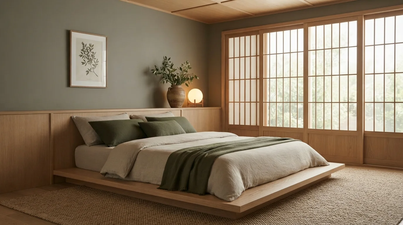 Japandi Forest Retreat — calming bedroom painted in Tortuga