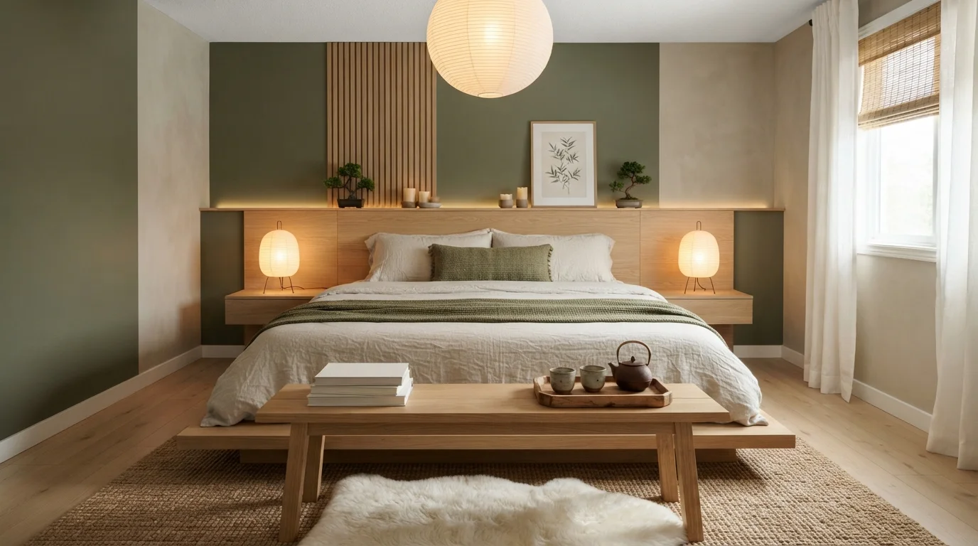 Japandi Olive Sanctuary — calming bedroom painted in Sandwashed Driftwood