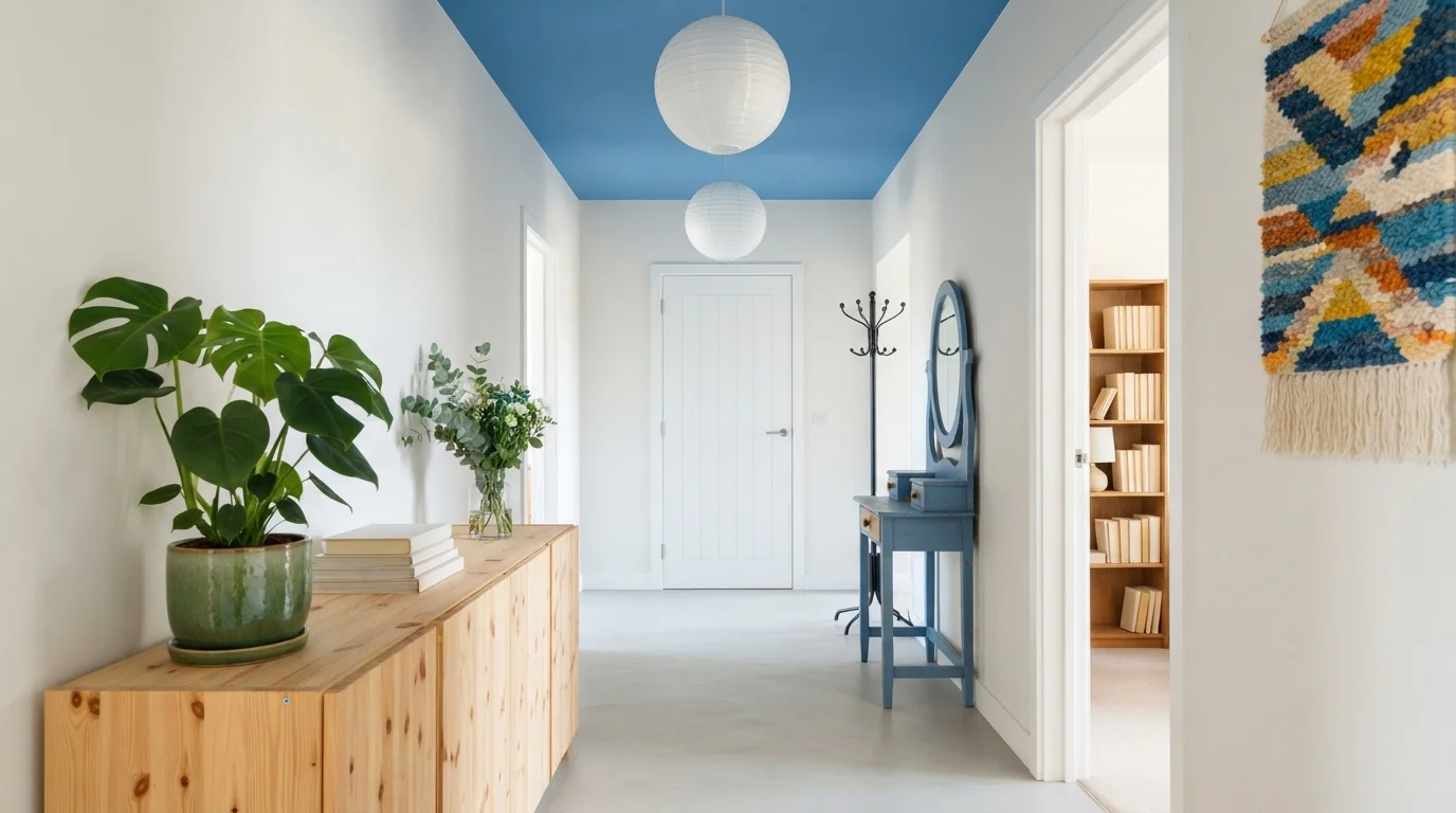 Breezy Sky Blue Entryway — blue ceiling painted in Magic Spell