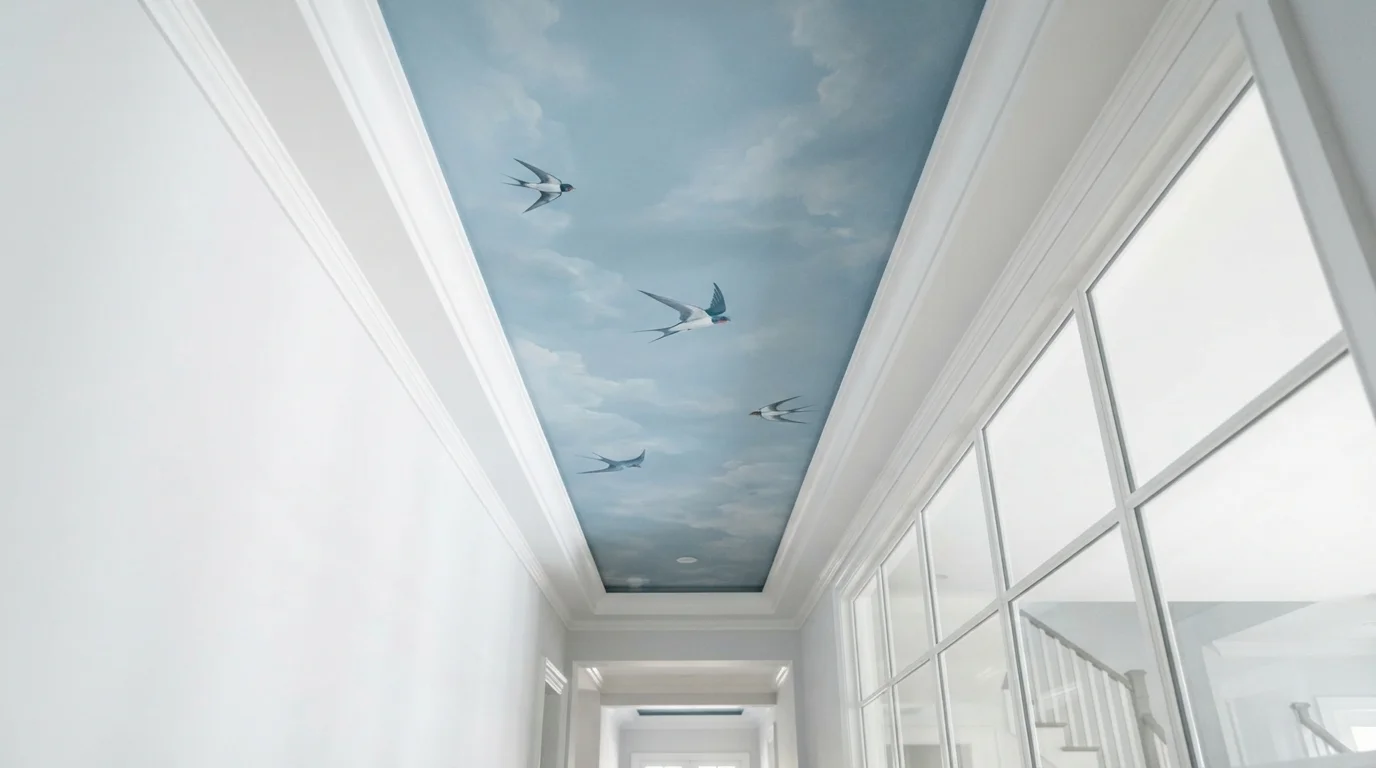 Skyward Bird Mural — blue ceiling painted in Bewilder