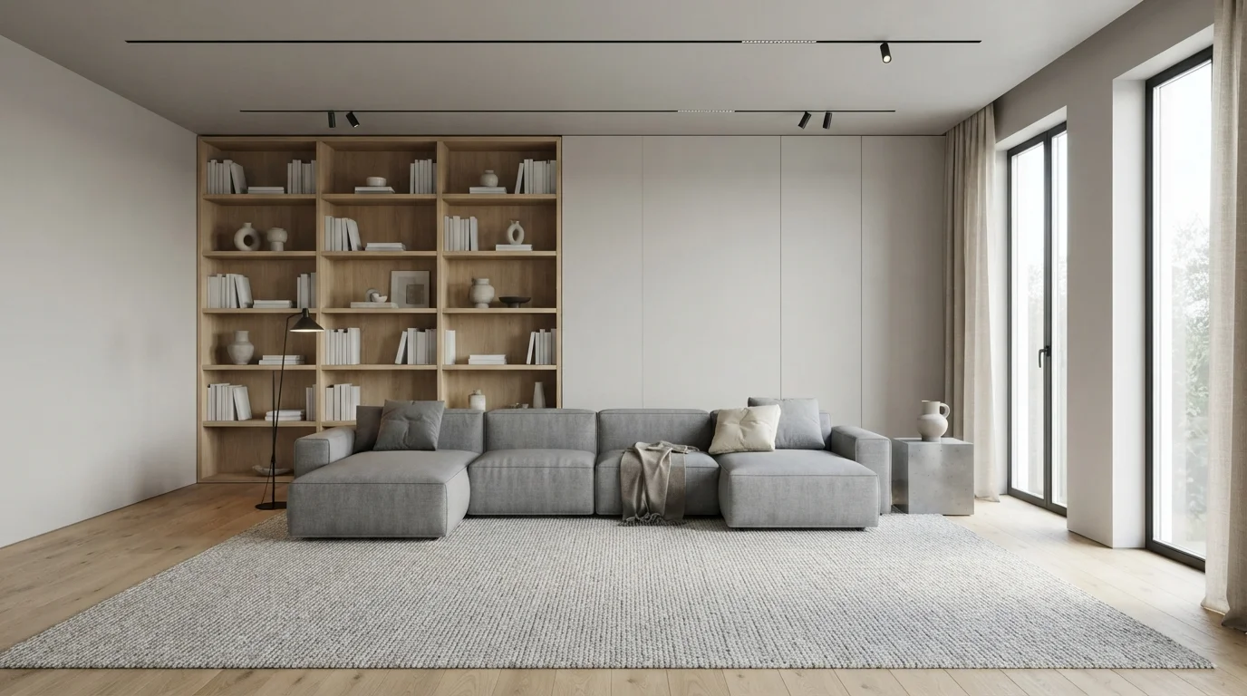 Minimalist Warm Greige — white ceiling painted in Graycloth