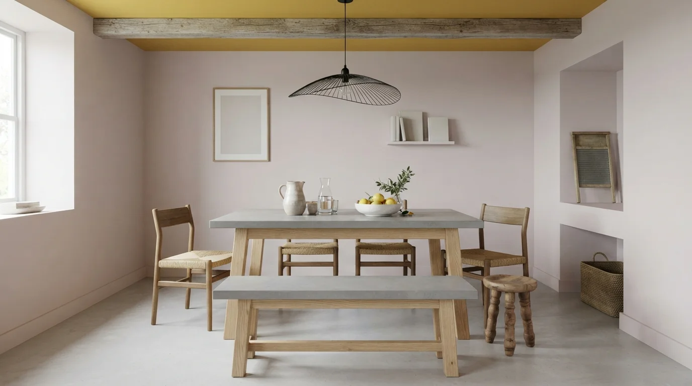 Mustard Sky Dining — yellow ceiling painted in Plantain Chips
