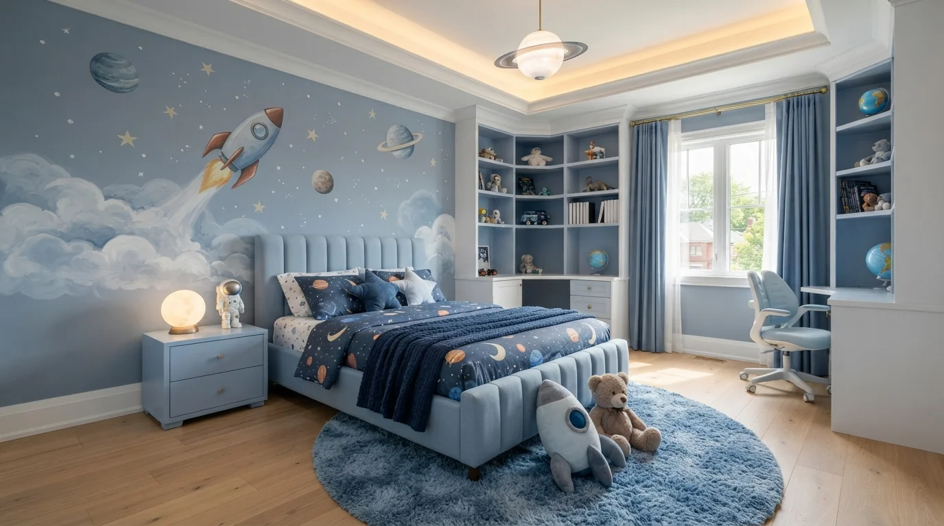 Cosmic Sky Nursery — blue children's room painted in Morris Blue