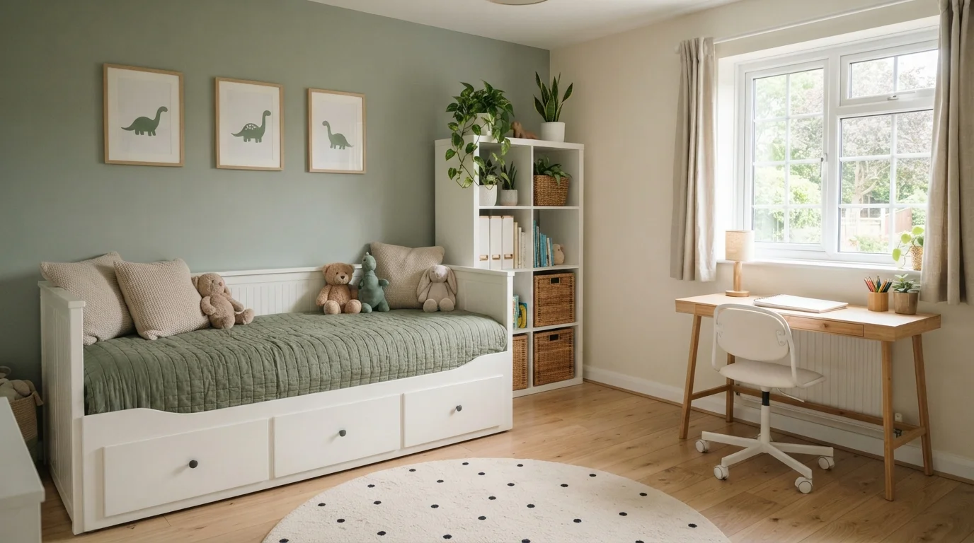 Sage and Sand Playroom — green children's room painted in Sigh of Relief