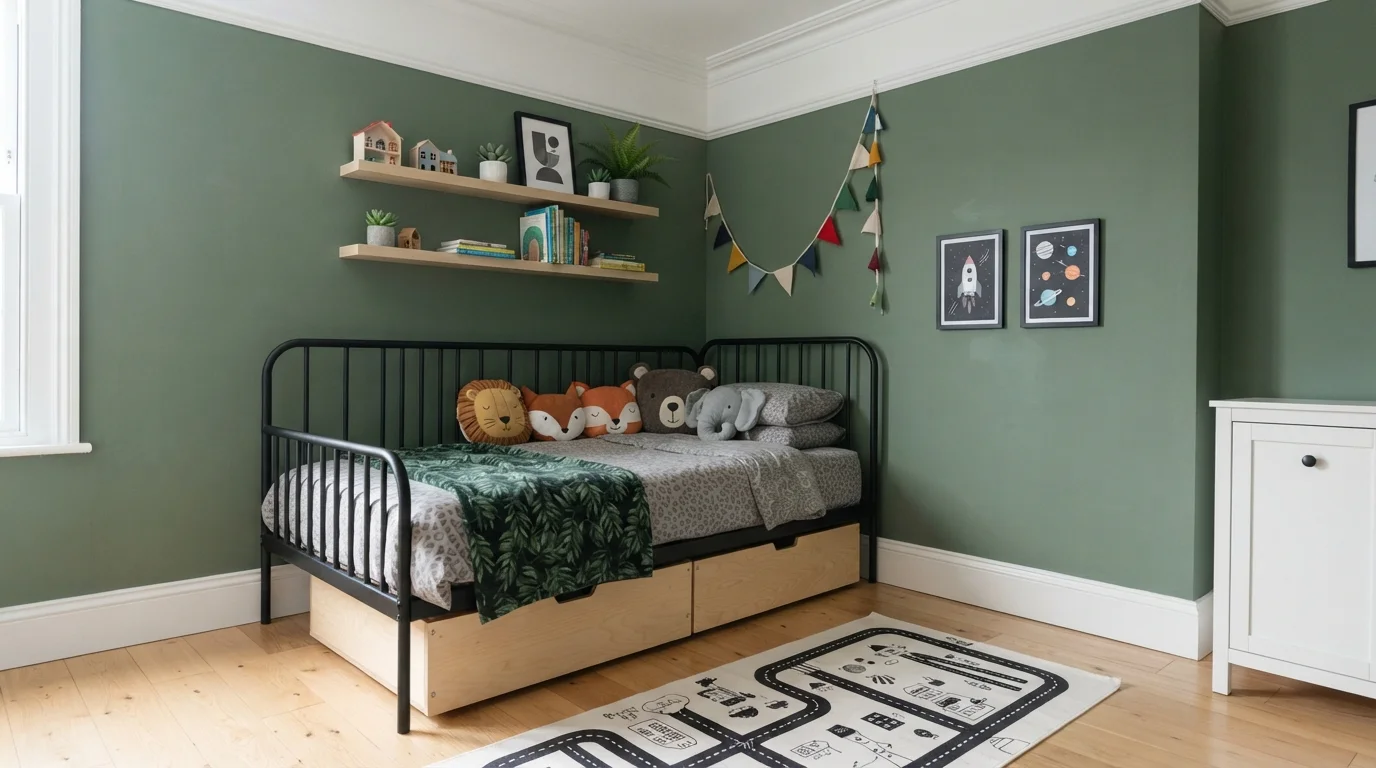 Forest Meadow Bedroom — green children's room painted in Evergreen Trail
