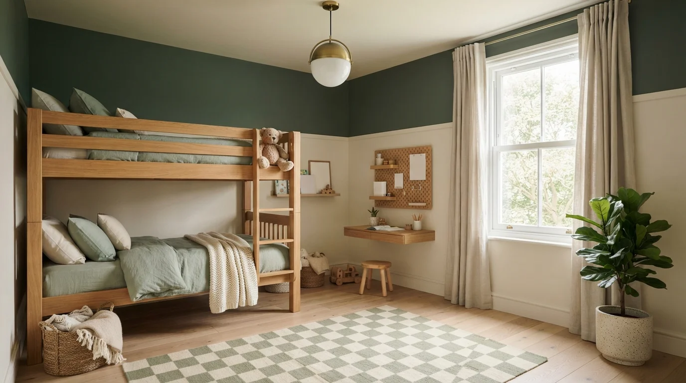 Earthy Sage Bunkroom — green children's room painted in Painted Turtle