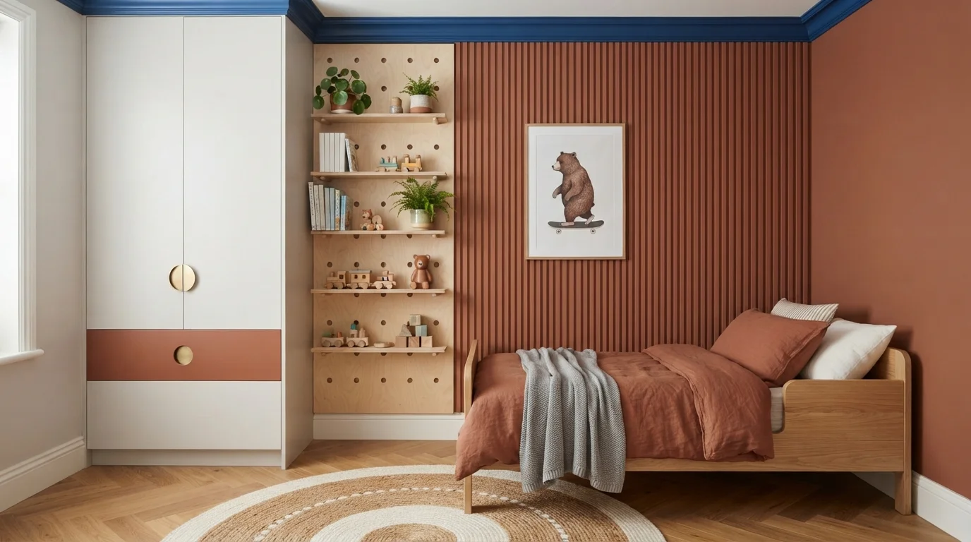 Terracotta & Cobalt Playroom — orange children's room painted in Rookwood Terra Cotta