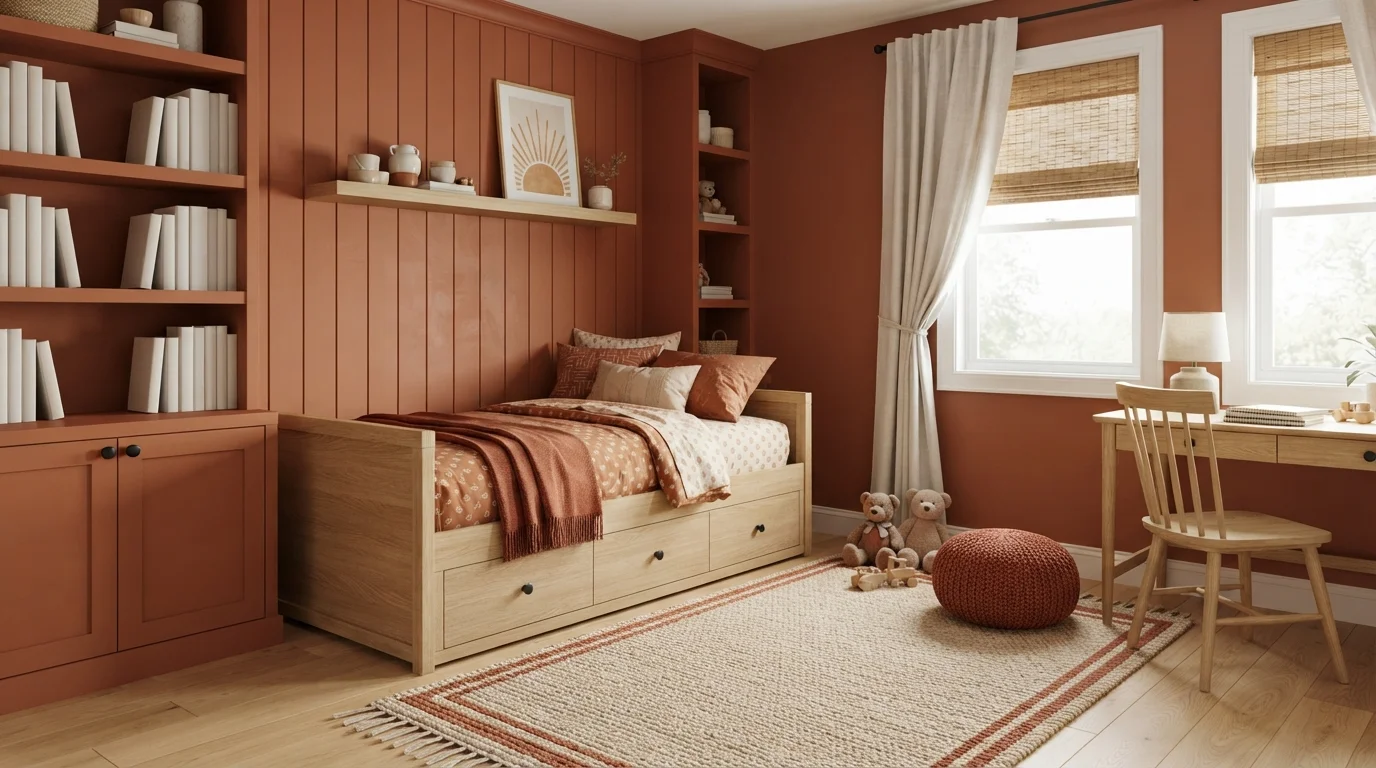 Warm Terracotta Retreat — orange children's room painted in Thanksgiving