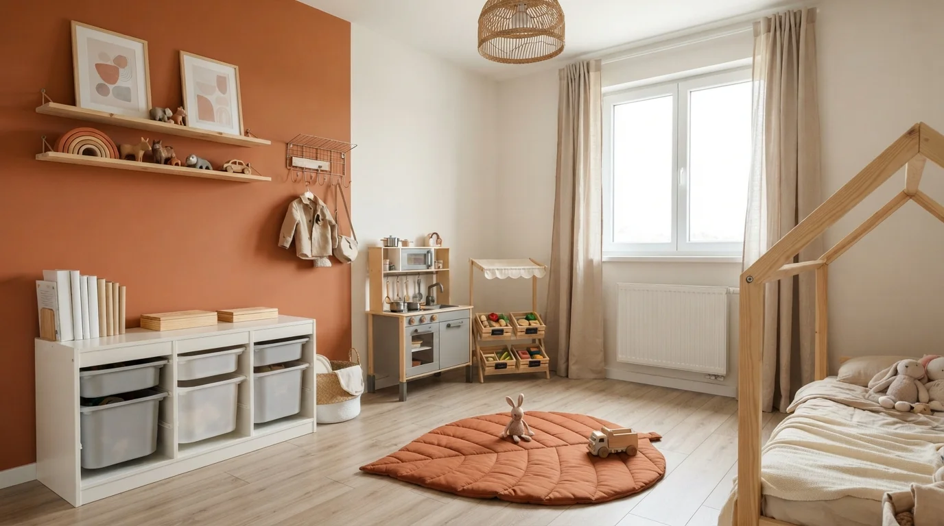 Terracotta Playroom Haven — orange children's room painted in Sweet Carrot