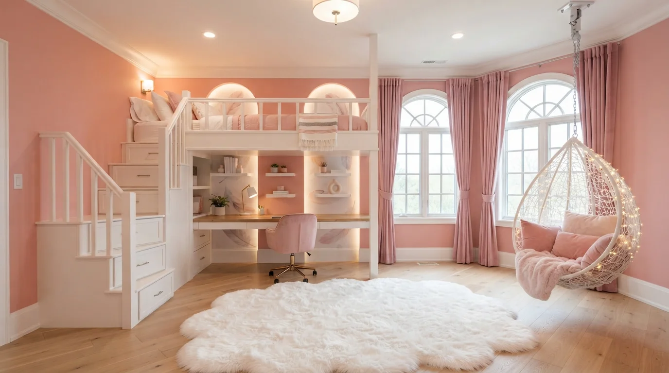Dreamy Blush Loft — pink children's room painted in California Coral