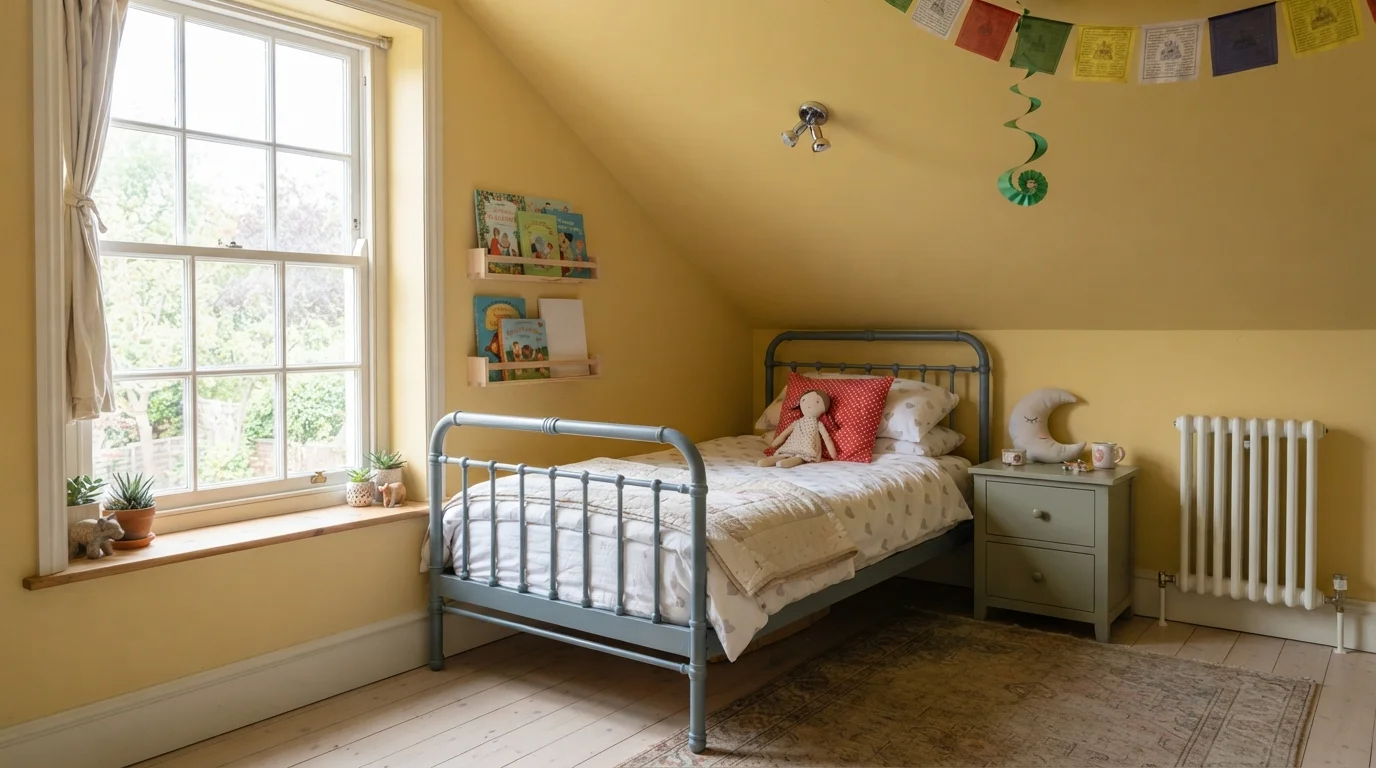 Warm Mustard Attic Nook — yellow children's room painted in Hannah Banana