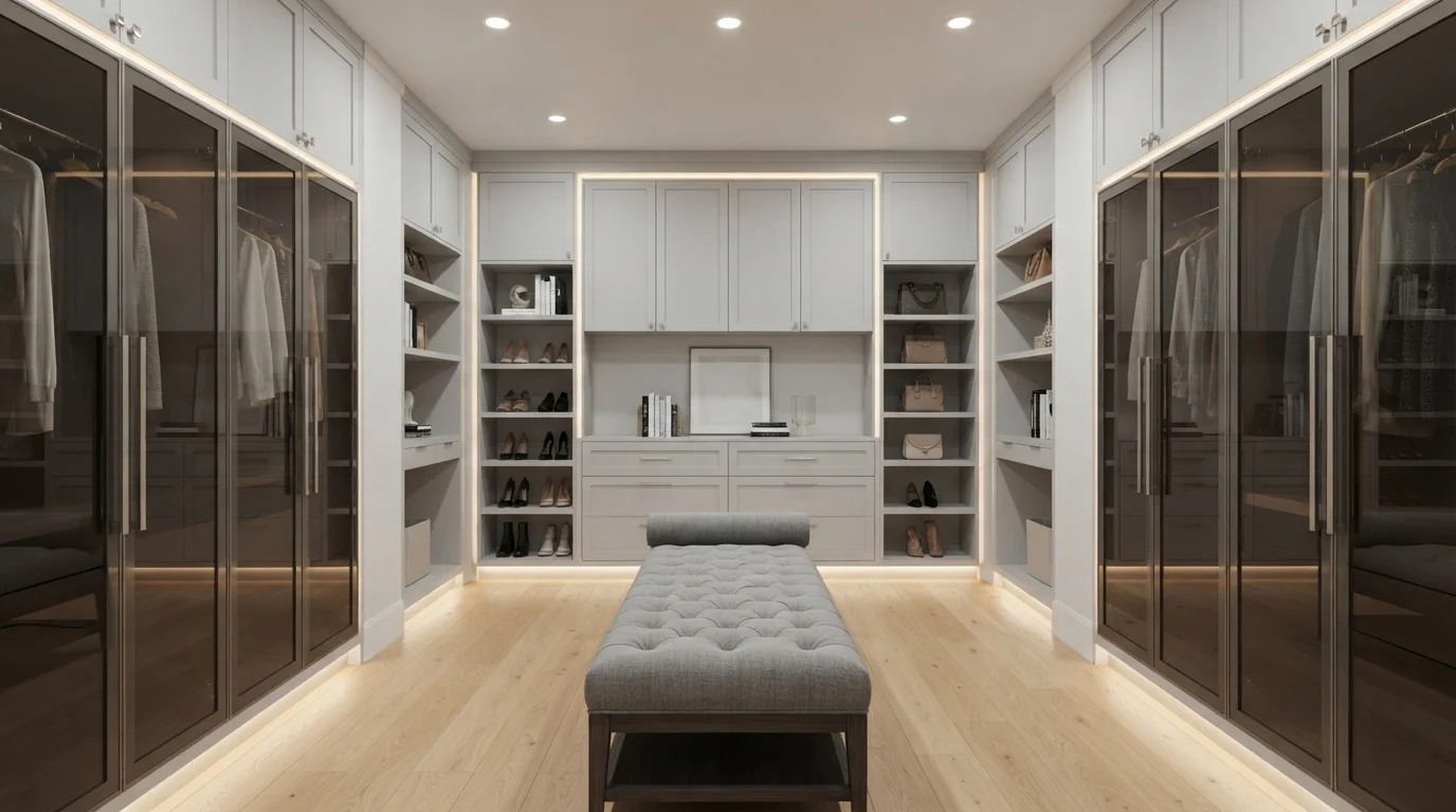 Warm Luxe Dressing Room — gray closet painted in Glacial Ice