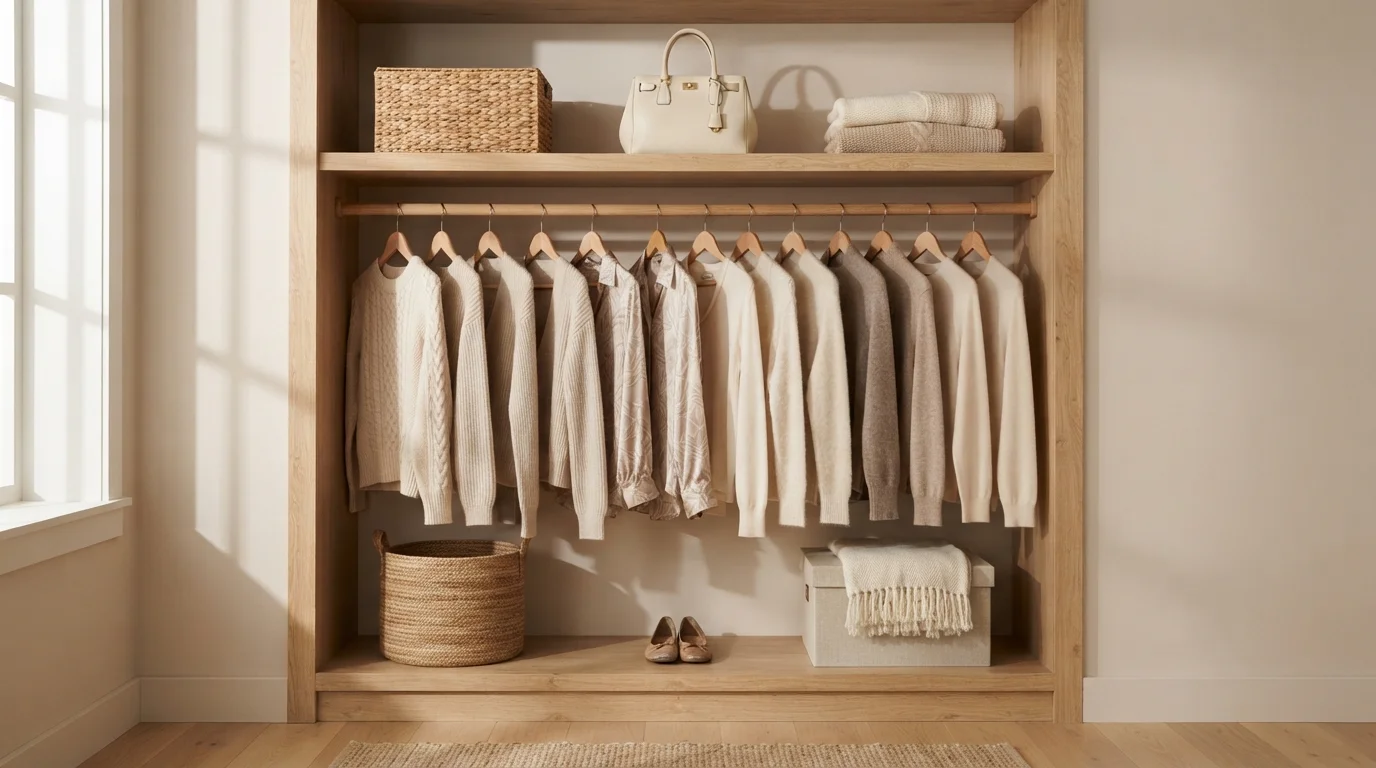 Sunlit Linen Closet — neutral closet painted in Powder Cake