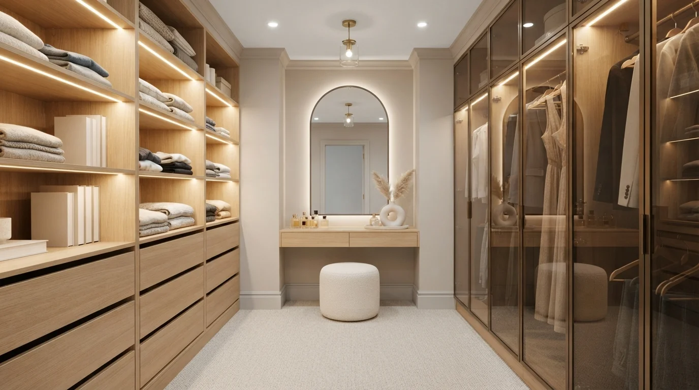 Warm Minimalist Dressing Suite — neutral closet painted in Shadowbox Beige