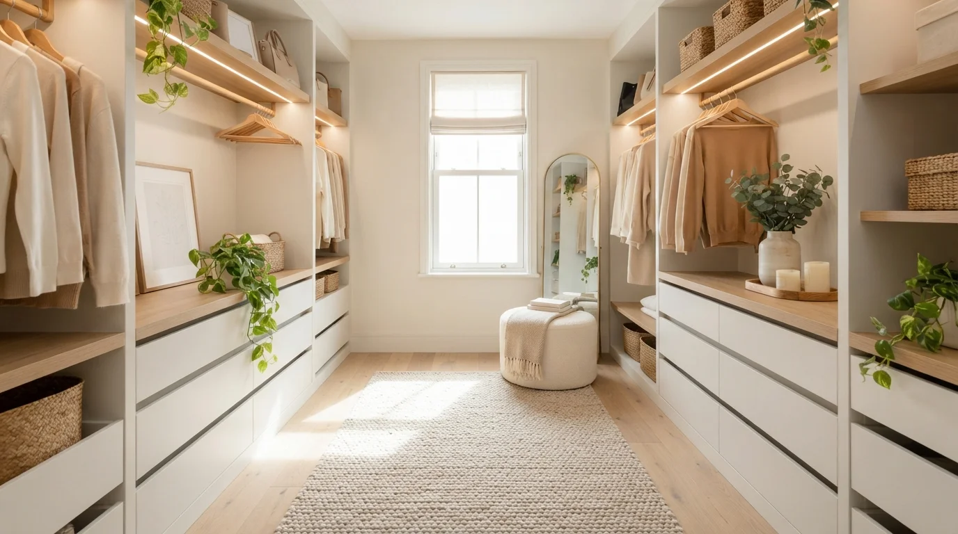 Sunlit Linen Dressing Room — neutral closet painted in Irish Cream