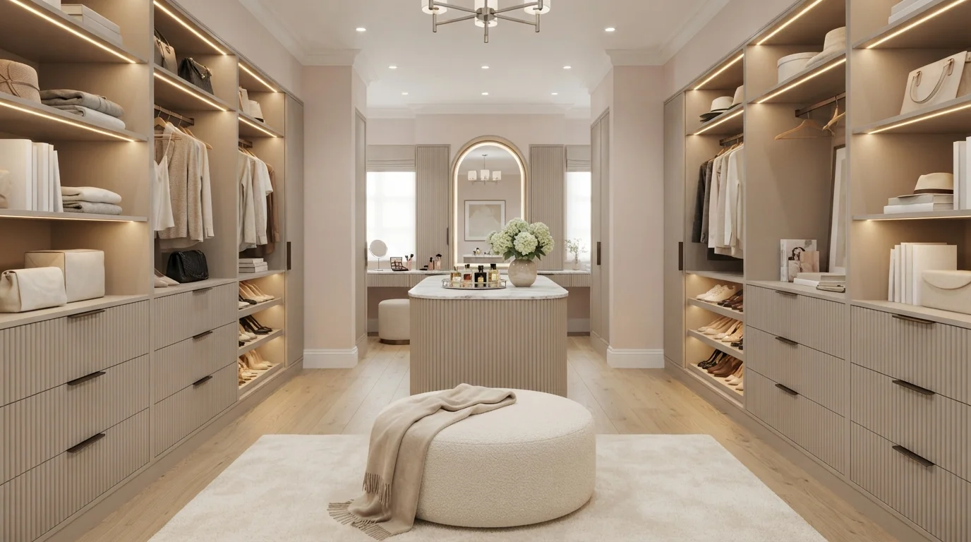 Cashmere Dressing Suite — neutral closet painted in Pale Pink