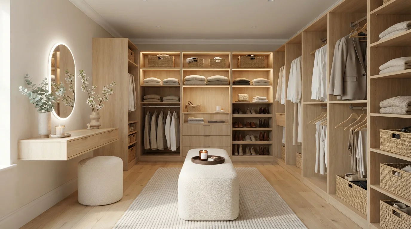 Warm Oak Wardrobe — neutral closet painted in Cherubic