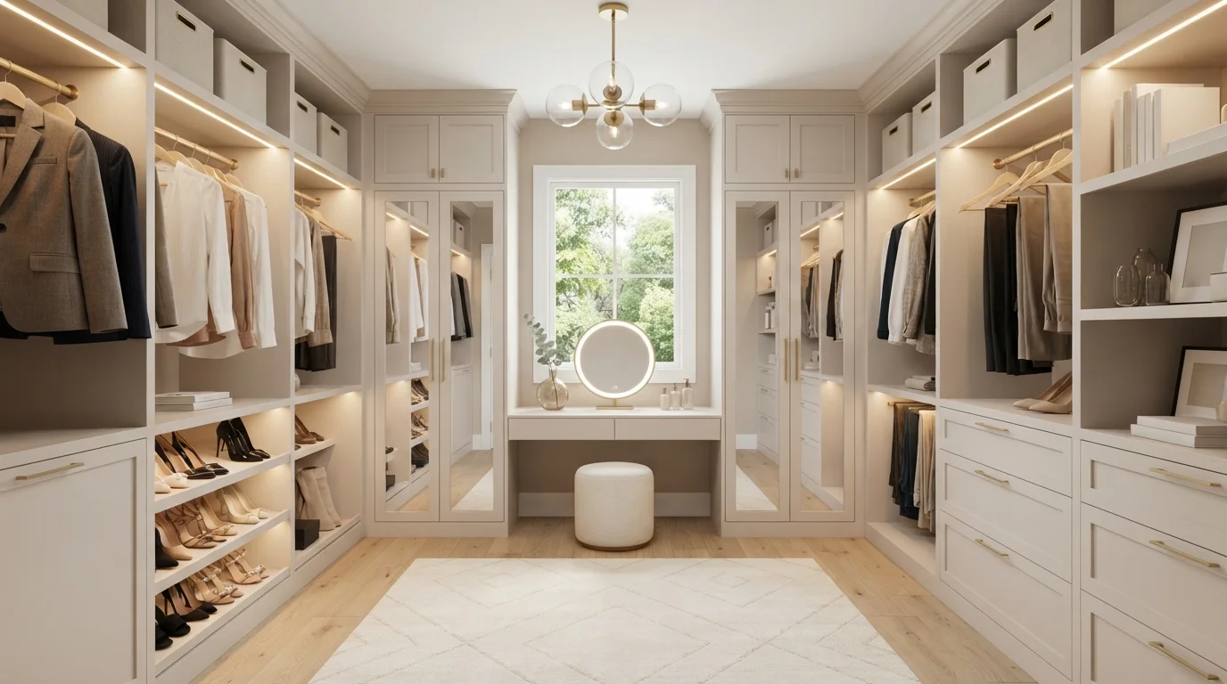 Luxe Dressing Suite — white closet painted in French Beige