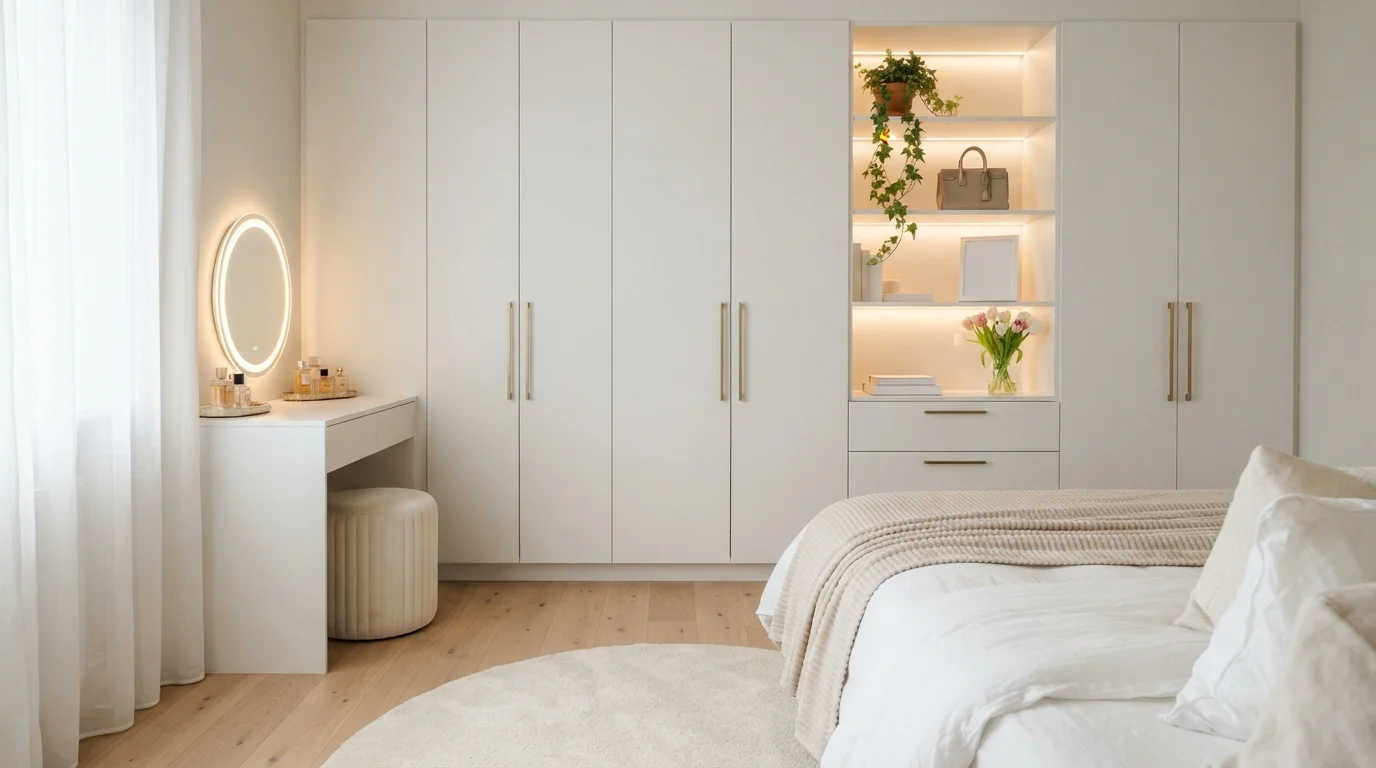 Creamy Minimalist Haven — white closet painted in Fossil