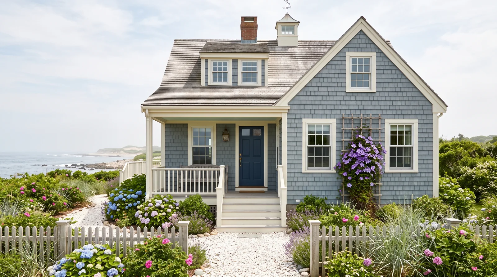 Dusty Blue Coastal Cottage — cottage exterior painted in Wedgewood Gray