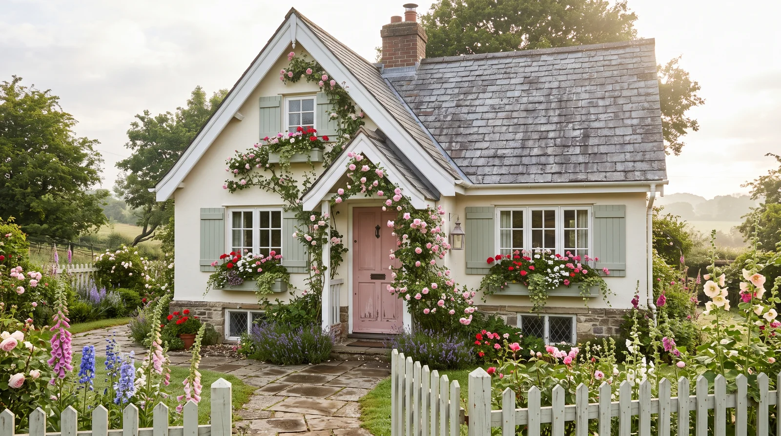 Cottagecore Warm White With Climbing Roses — cottage exterior painted in White Tie