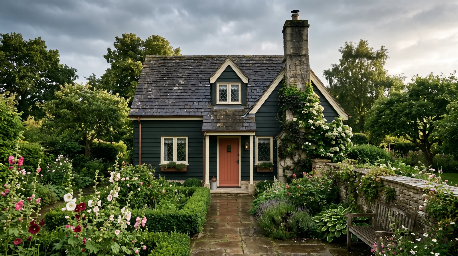 Moody English Cottage Green — cottage exterior painted in Studio Green