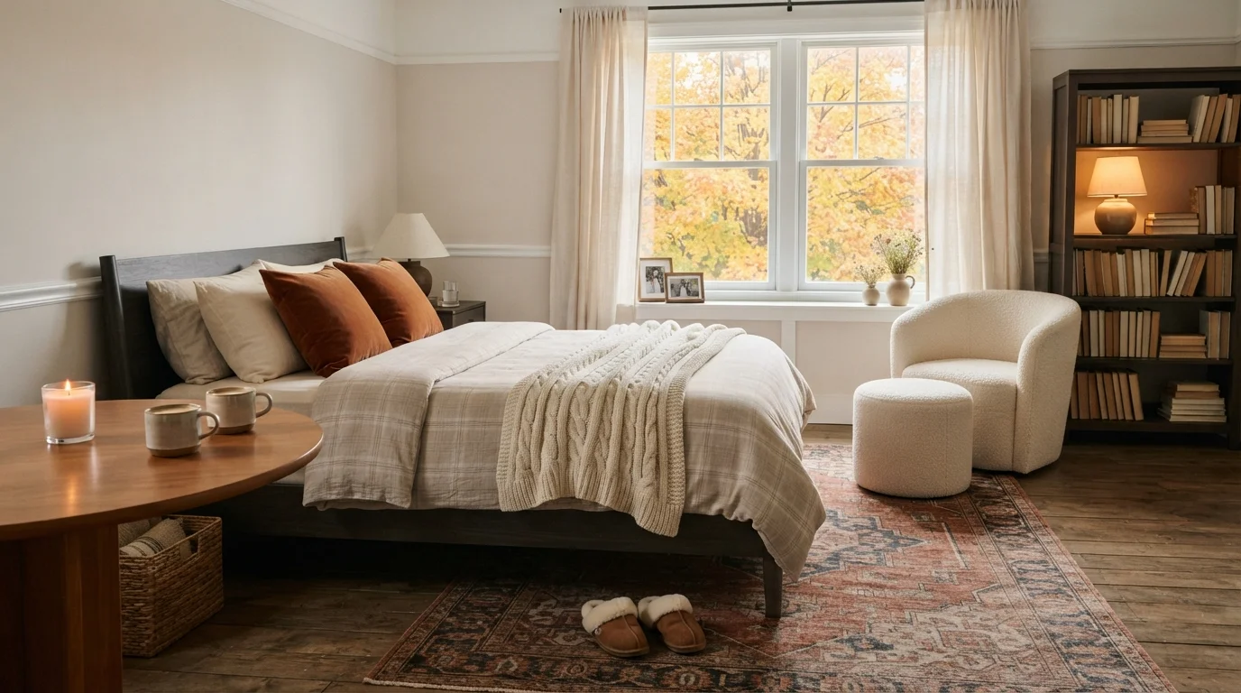 Autumn Glow Retreat — cozy bedroom painted in Soft Linen