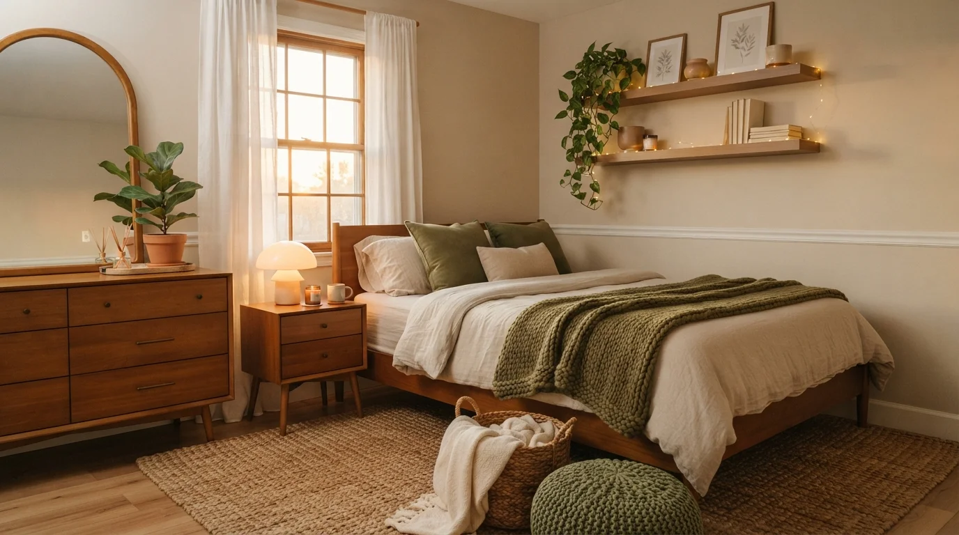 Golden Olive Retreat — cozy bedroom painted in Plaster