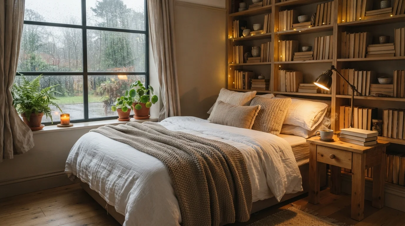 Rainy Book Nook — cozy bedroom painted in Rivers Edge