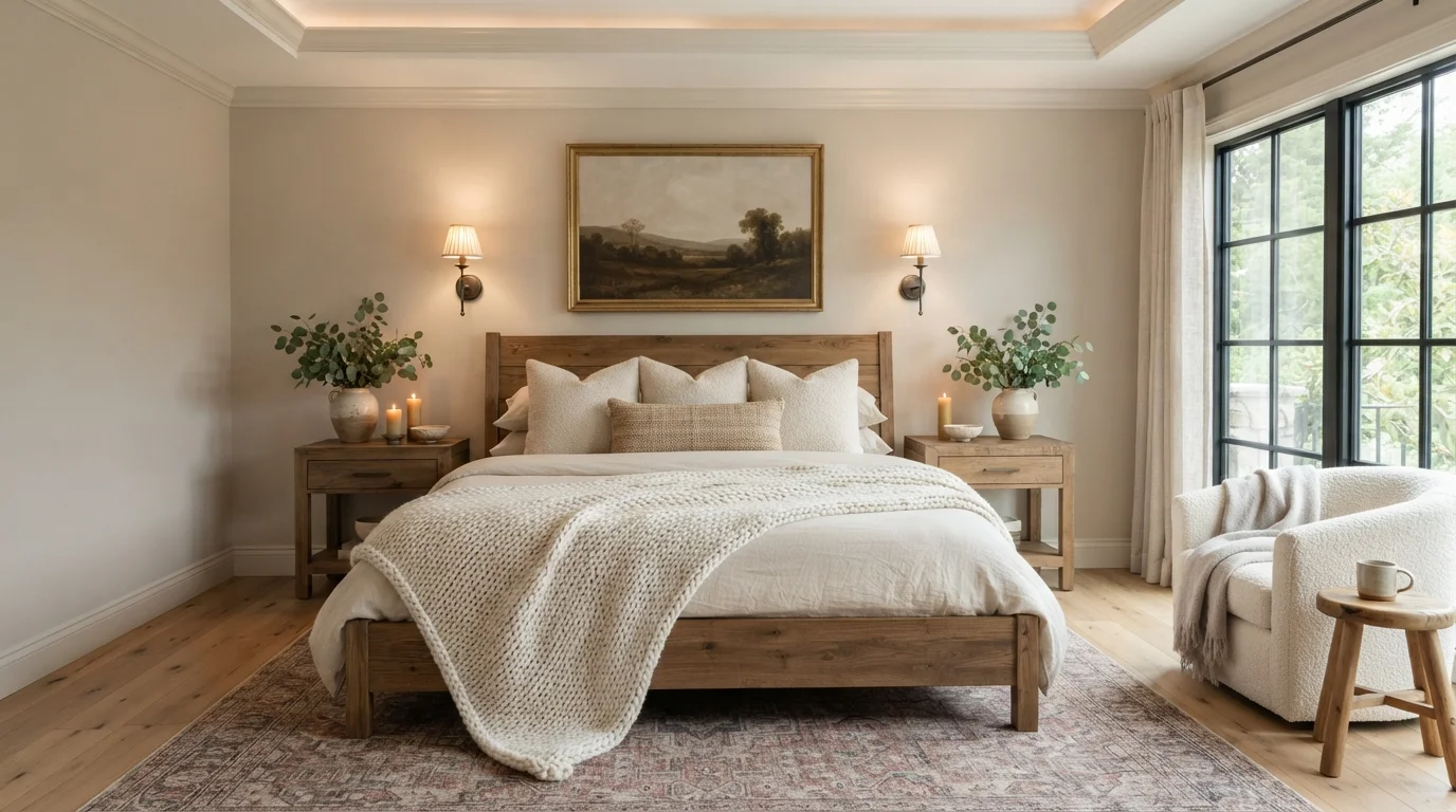 Warm Cashmere Haven — cozy bedroom painted in Dry Creek