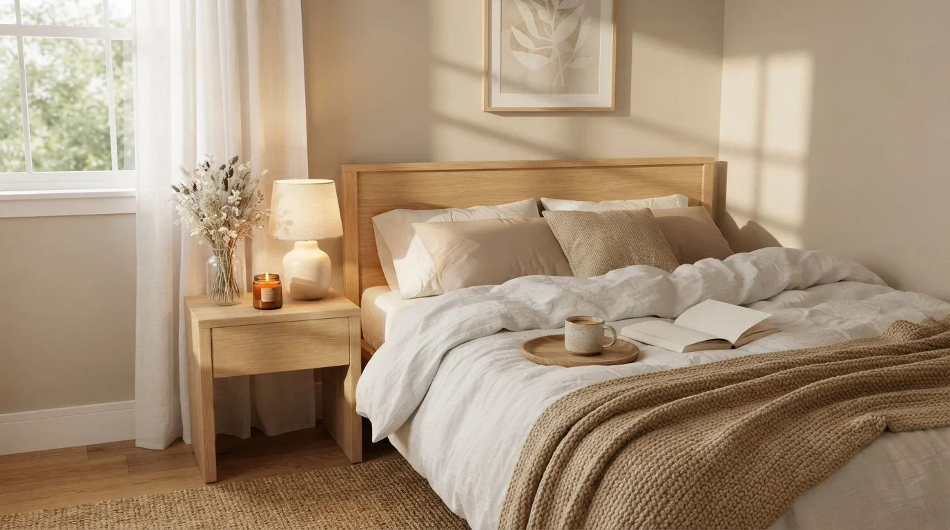 Warm Linen Haven — cozy bedroom painted in Pillar Beige