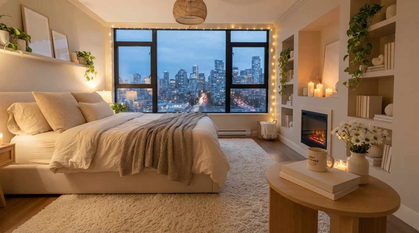 Candlelit City Sanctuary — cozy bedroom painted in Chickpea Please