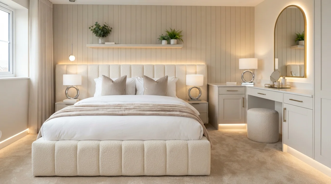 Warm Bouclé Sanctuary — cozy bedroom painted in Umber Style