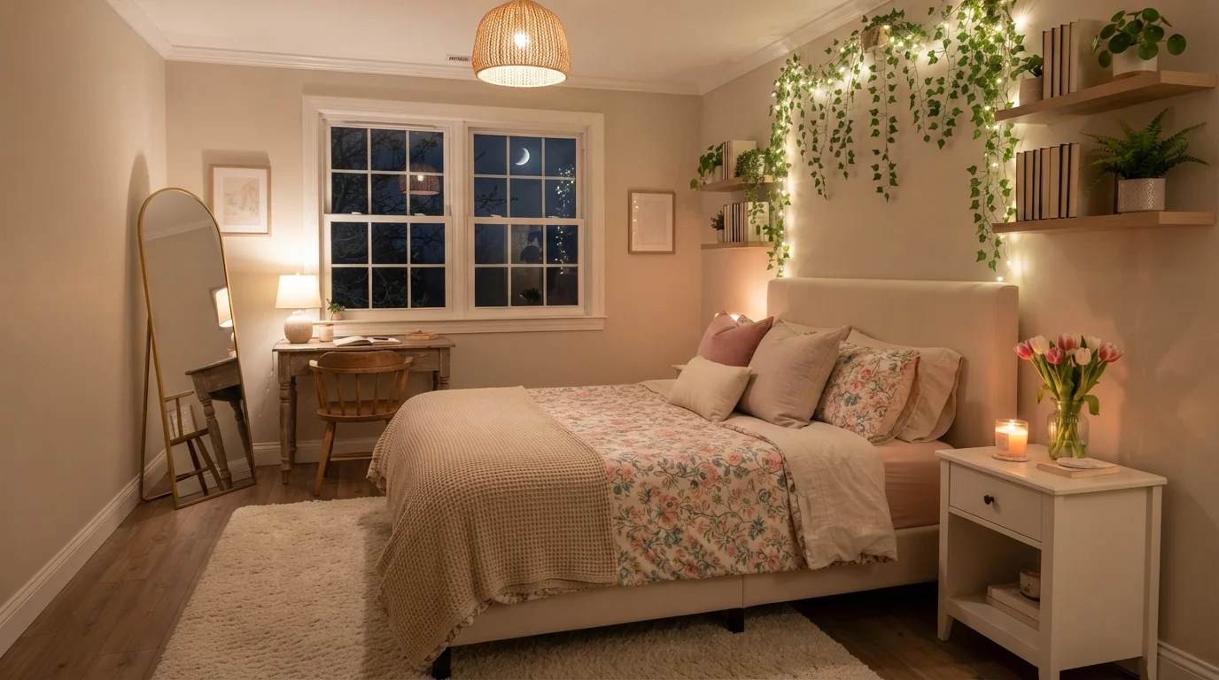 Candlelit Cottage Charm — cozy bedroom painted in Ageless