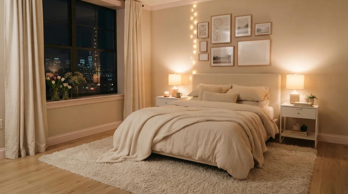 Warm Cashmere Cocoon — cozy bedroom painted in Warm Beige