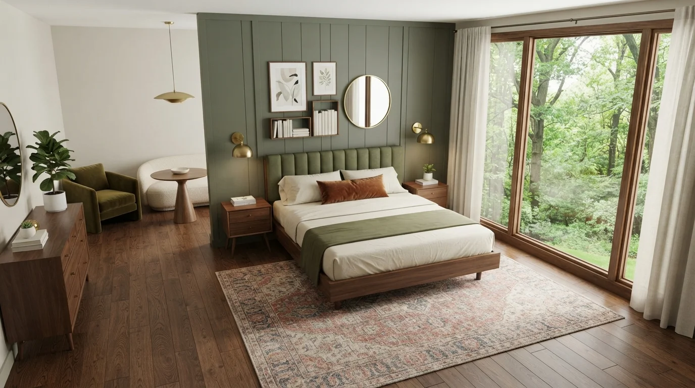 Olive Woodsy Retreat — cozy bedroom painted in Rosemary Sprig