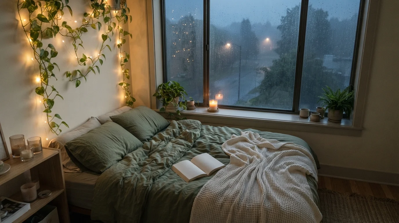 Rainy Day Snug — cozy bedroom painted in Summer Suede