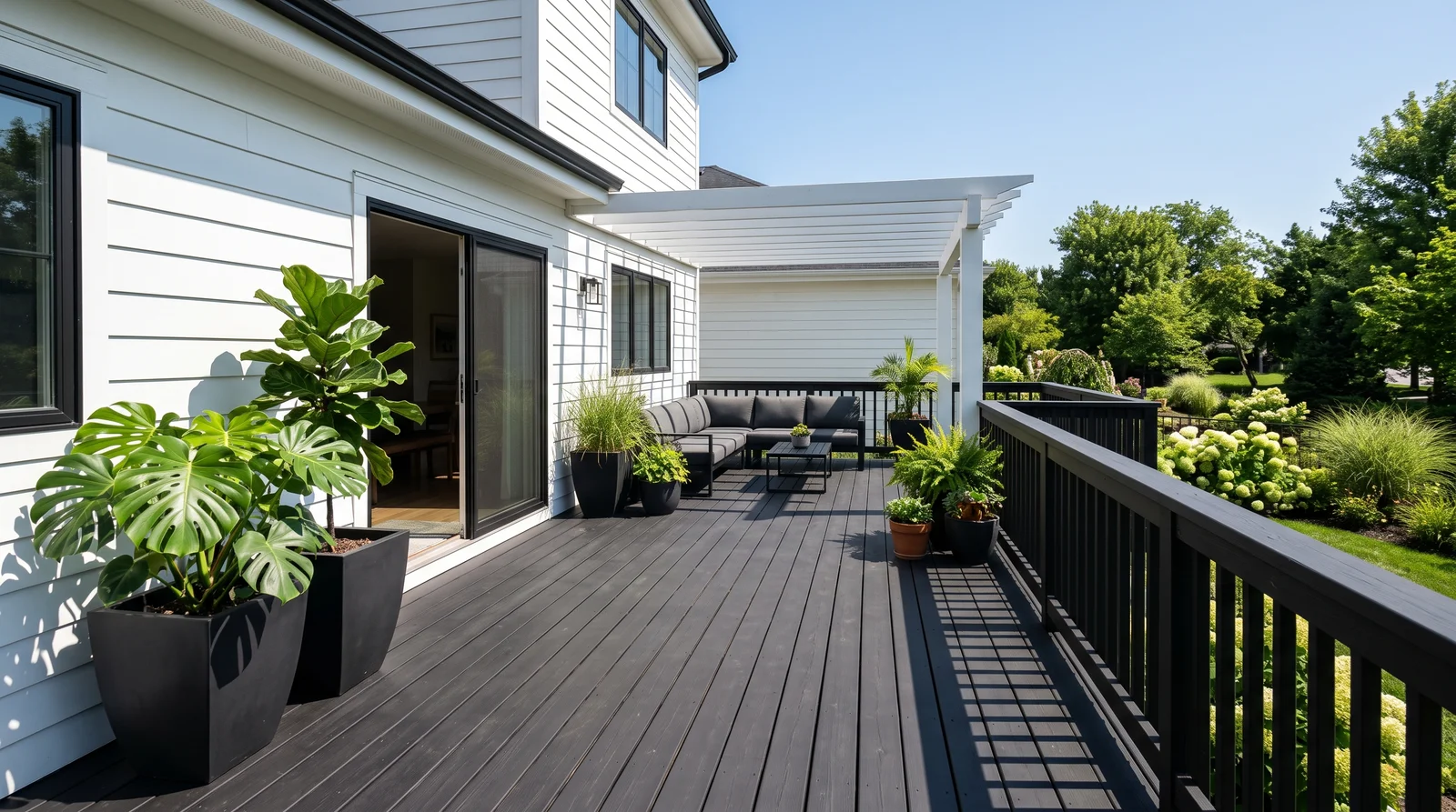 near-black floors on modern homes — trending deck colors 2026