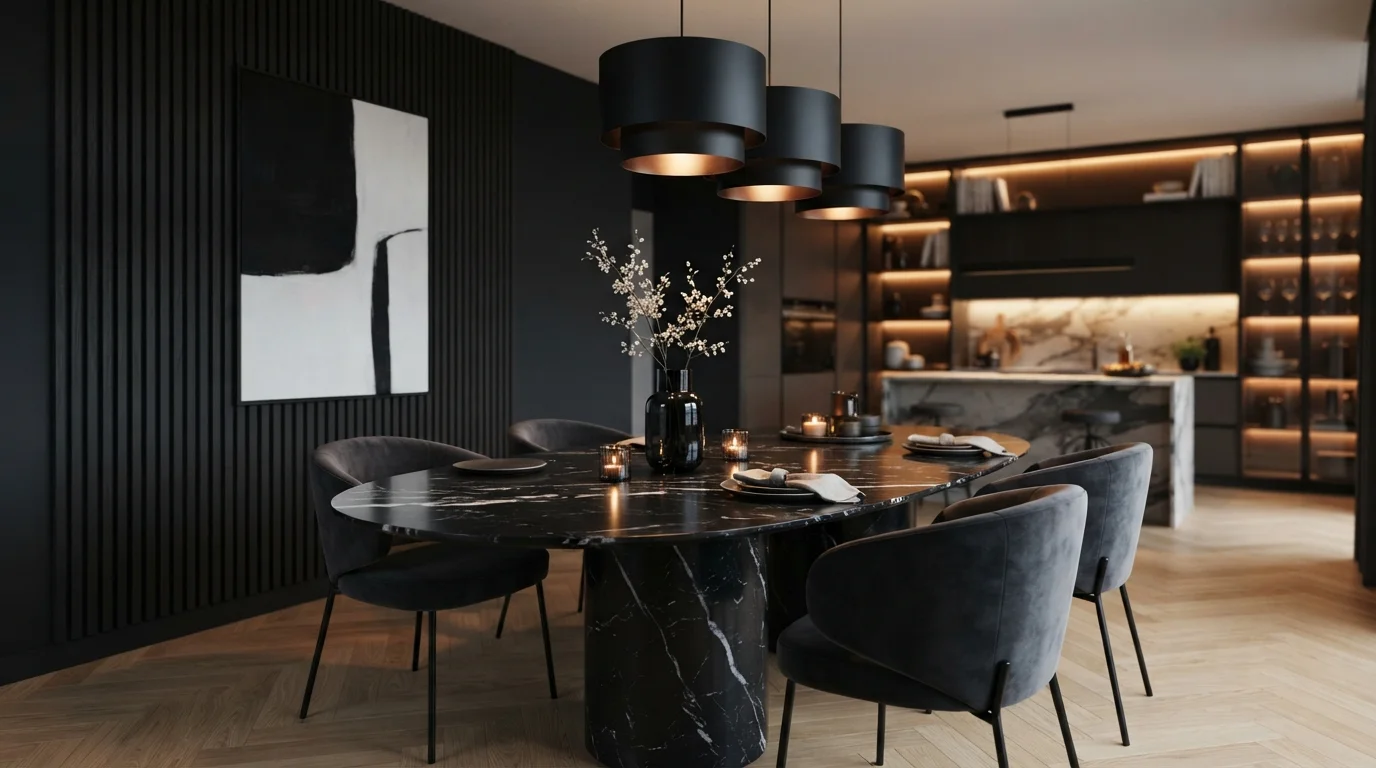 Midnight Luxe Dining — black dining room painted in Hocus Pocus