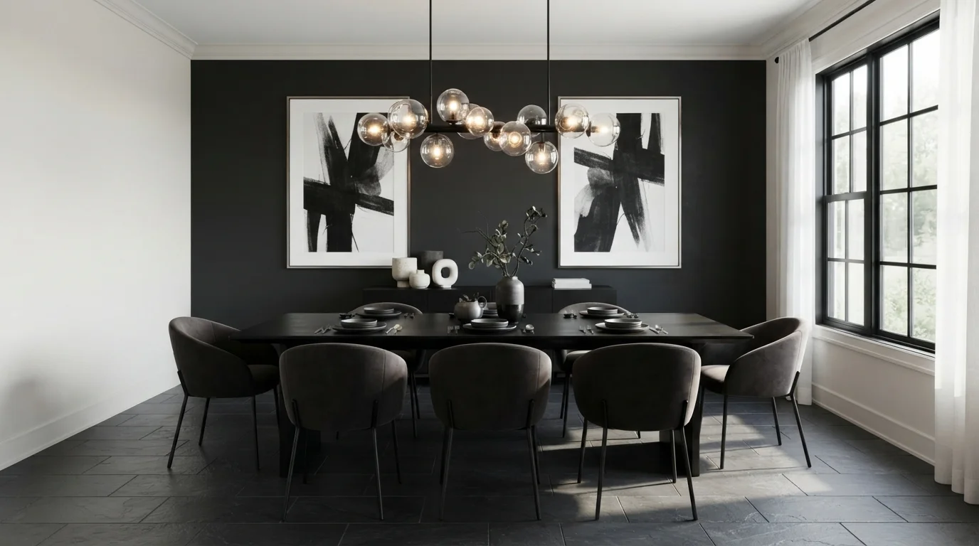 Moody Modern Monochrome — black dining room painted in Dark Kettle Black