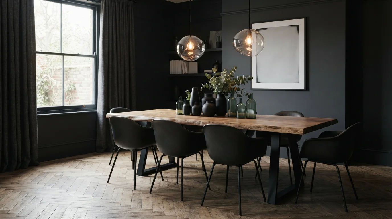 Moody Organic Dining — black dining room painted in Blackboard