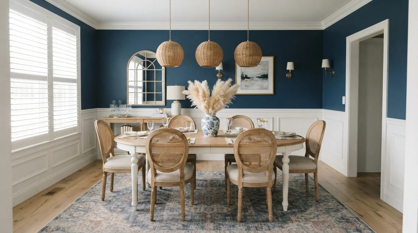 Deep Navy Dining — blue dining room painted in Downpour Blue