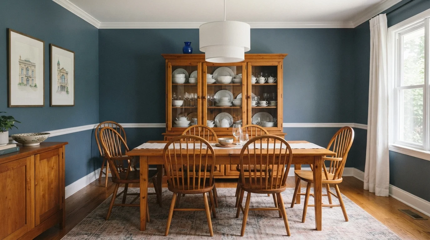 Smoky Slate Dining — blue dining room painted in Thundering Clouds