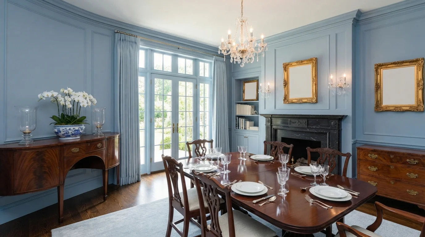 Powder Blue Dining — blue dining room painted in New Toile